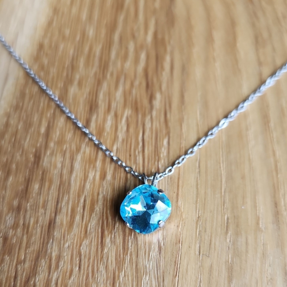 Silver Chain Necklace, Blue Crystal Pendant, Hand Crafted - Picture 3 of 9
